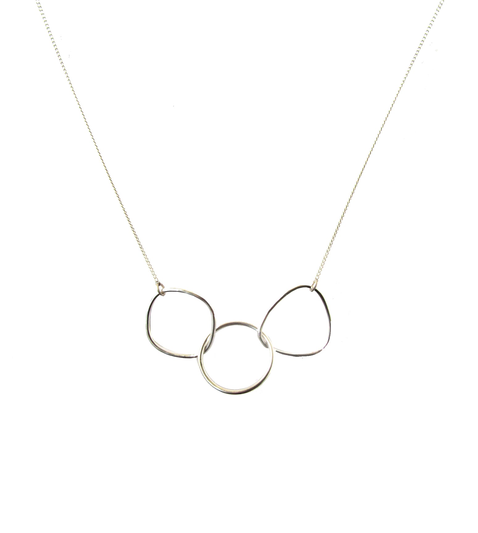 Three sterling silver geometric shapes on sterling silver chain