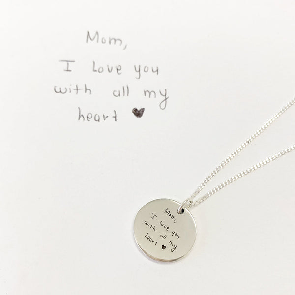 Silver Handwriting note Disc Necklace