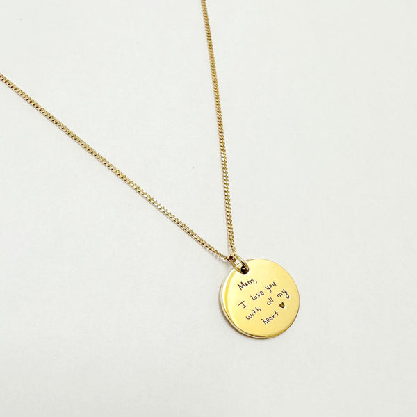 Gold Handwriting note Disc Necklace