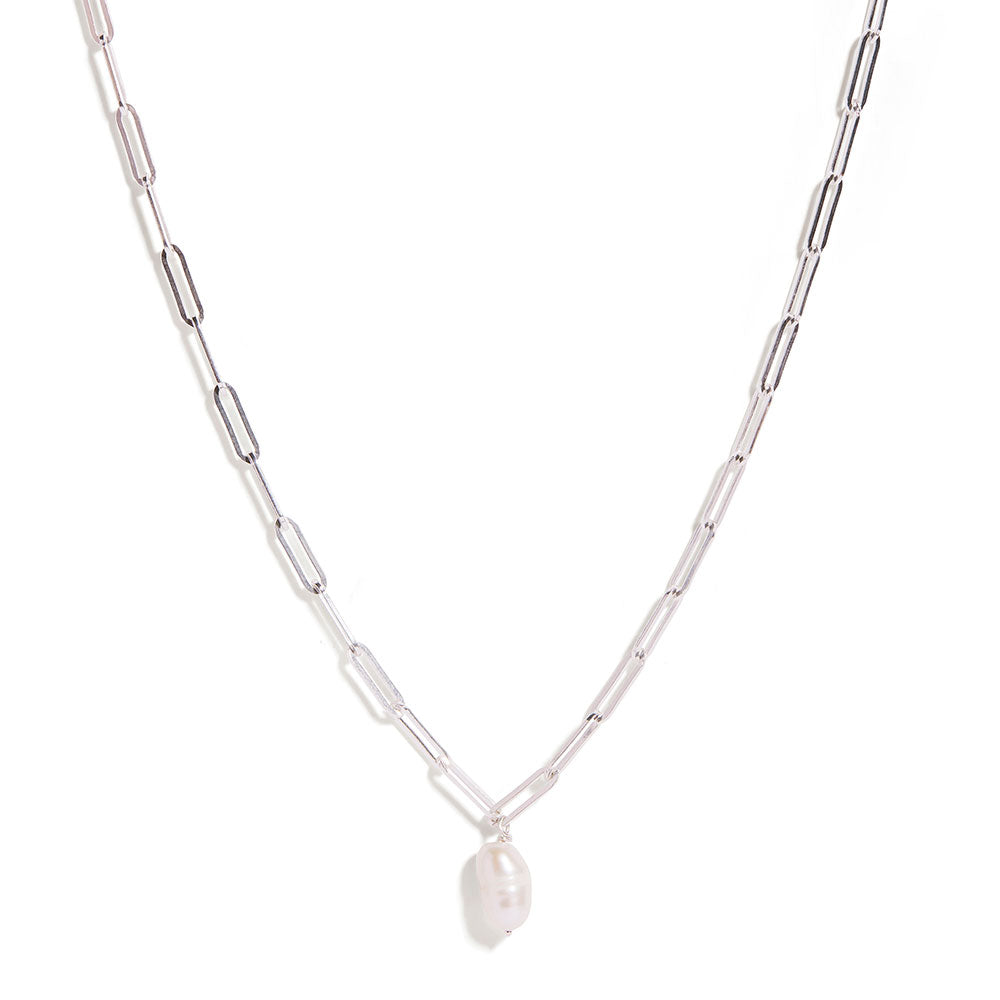 Silver Pearl Paperclip Necklace