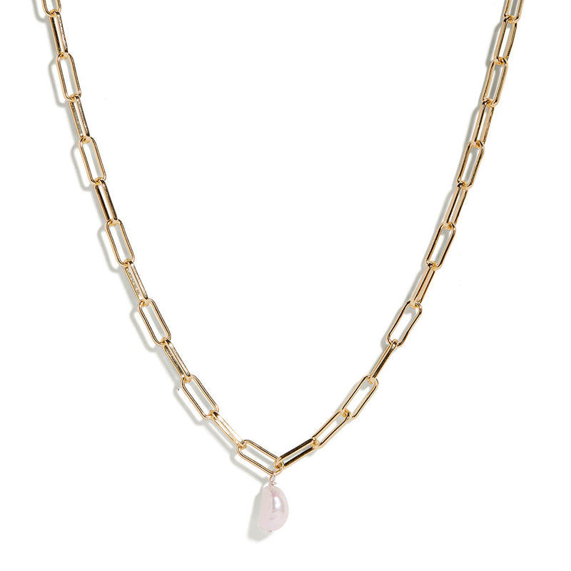 Yellow Gold Plated Pearl Paperclip Necklace