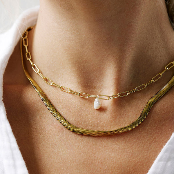 Brass Pearl Paperclip Necklace