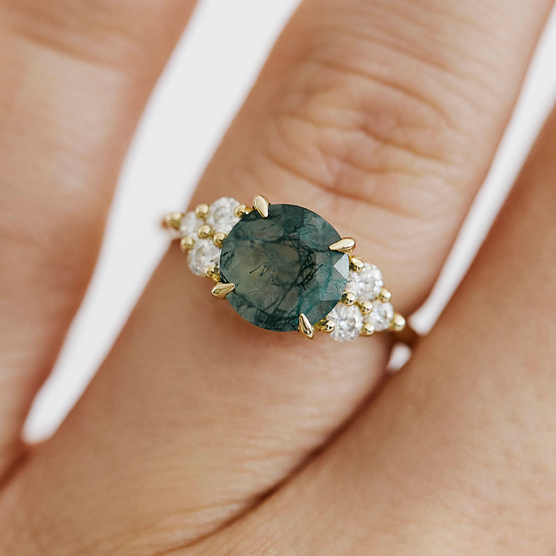 Buy Emerald Cut Moss Agate Ring With Side Kite Diamonds Online in India -  Etsy